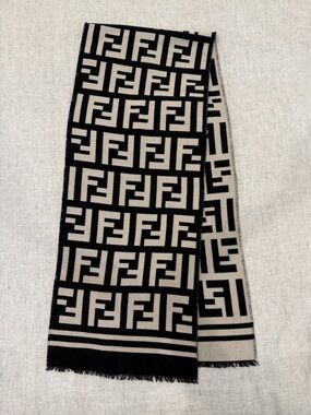 Fendi FF Logo Wool and Silk Scarf Black & White